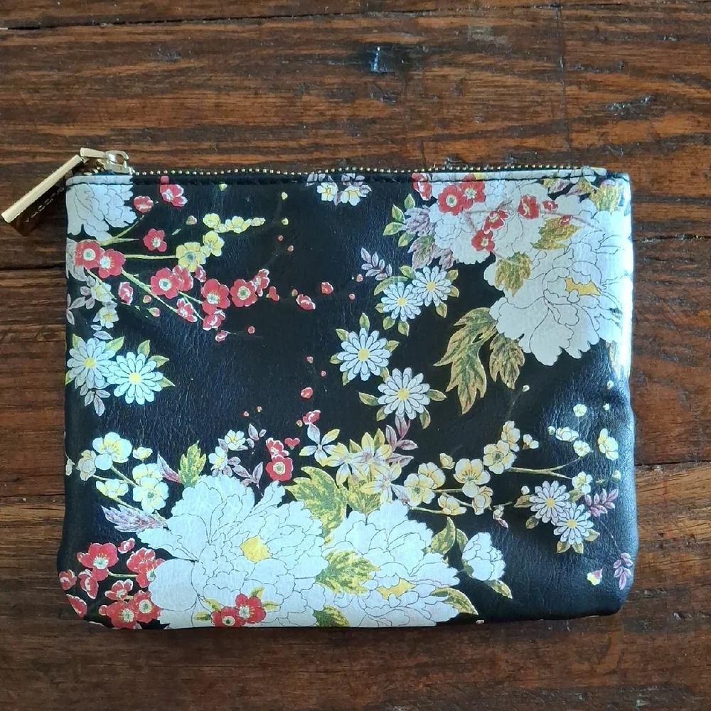 Big Buddha Black Floral Zip Cosmetic Bag with Gold Zip Pull
